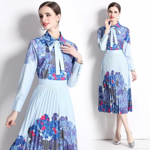 Elegant Blue Hydrangea Floral Print Skirt Set Women Long Sleeve Bow Tie Lapel Shirt High Waist Pleated Midi Skirt 2 Piece Vacation Party Outfit