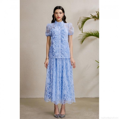 Elegant Sky Blue Lace Two-Piece Skirt Set For Women Stand Collar Ruffle Button Down Puff Sleeve Top And High Waist A-Line Midi Skirt Vacation Party Office Lady Outfits
