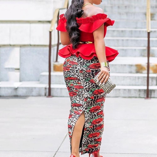 Women's Elegant Two-Piece Skirt Set Off-Shoulder Ruffle Peplum Top Leopard Rose Print Maxi Dress With Heart Buckle Belt For Evening Party Banquet