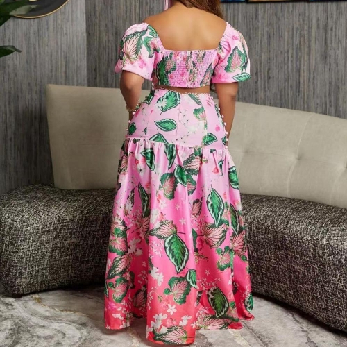 Women's Two-Piece Set Tropical Leaf Floral Print Off-Shoulder Puff Sleeve Crop Top and High Waist Drawstring Maxi Skirt Summer Vacation Outfit Casual Beachwear Set