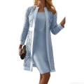 Women Elegant Two-Piece Dress Set Lace Long Sleeve Cardigan And Slim Fit Satin Midi Dress For Wedding Party Cocktail Evening Banquet Formal Occasions