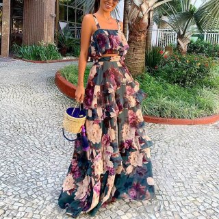 Women's Bohemian Floral Print 2 Piece Skirt Set Ruffle Crop Top and Tiered Maxi Skirt Vacation Beach Summer Outfits