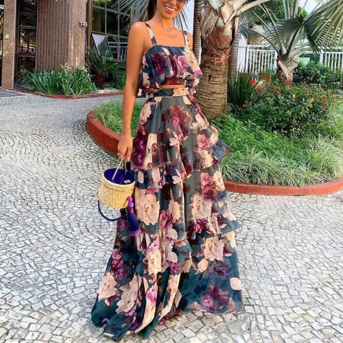 Women's Bohemian Floral Print 2 Piece Skirt Set Ruffle Crop Top and Tiered Maxi Skirt Vacation Beach Summer Outfits