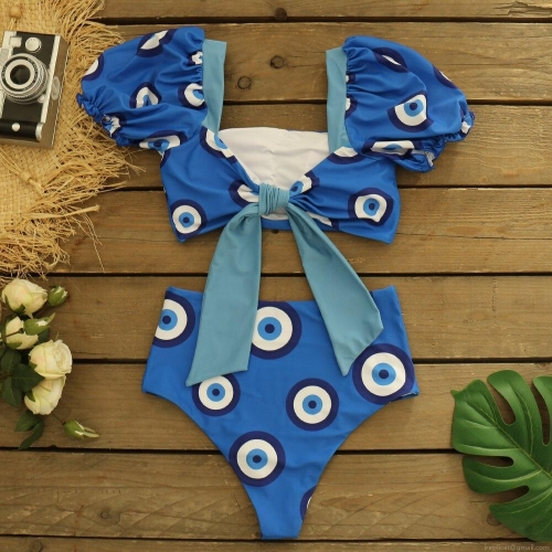 Women's 3-Piece Evil Eye Print Vacation Set Polyester Backless Bandeau Top High Waist Slit Maxi Skirt With Matching Sun Hat Bohemian Summer Beachwear