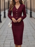 Elegant Wine Red Tweed Two-Piece Skirt Set Women's V-Neck Slim Fit Long Sleeve Jacket and Mini Skirt Suits for Office Banquet Party Ladies