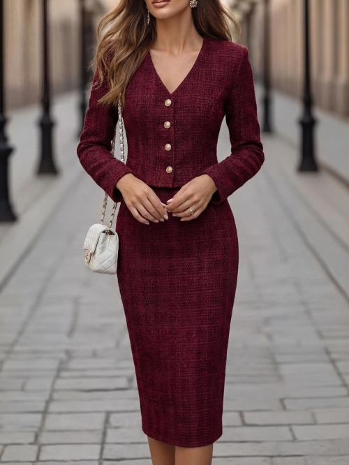 Elegant Wine Red Tweed Two-Piece Skirt Set Women's V-Neck Slim Fit Long Sleeve Jacket and Mini Skirt Suits for Office Banquet Party Ladies