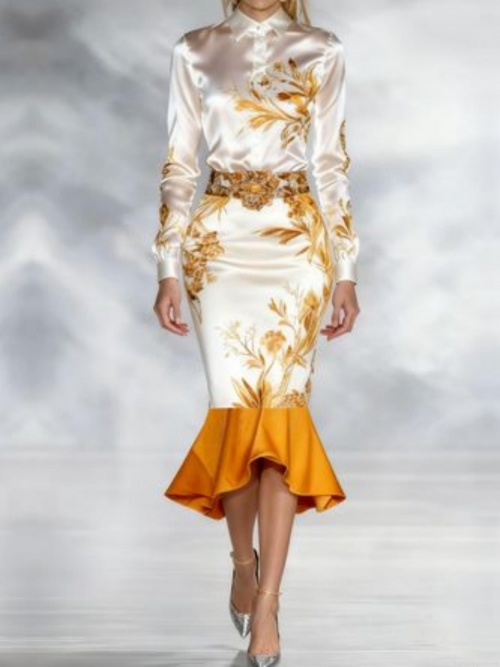 Women's Elegant 2 Piece Skirt Set Floral Printed Long Sleeve Satin Shirt and High Waist Mermaid Midi Skirt Professional Office Lady Commuting Outfit