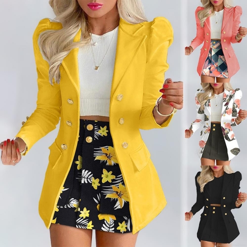 Women Elegant 2-Piece Skirt Suit Set Polyester Spandex Double Breasted Puff Sleeve Blazer Mini Skirt Office Party Slim Fit Outfits