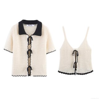 Women 2-Piece Knit Sweater Set - Contrast Trim Crochet Bow Cardigan And Cami Top - Short Sleeve V-Neck Streetwear Spring Summer Outfits