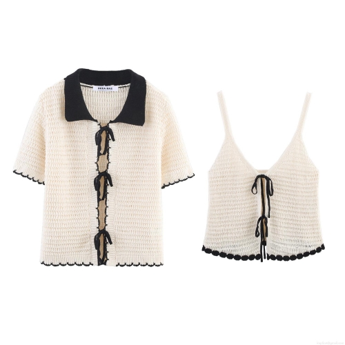 Women 2-Piece Knit Sweater Set - Contrast Trim Crochet Bow Cardigan And Cami Top - Short Sleeve V-Neck Streetwear Spring Summer Outfits