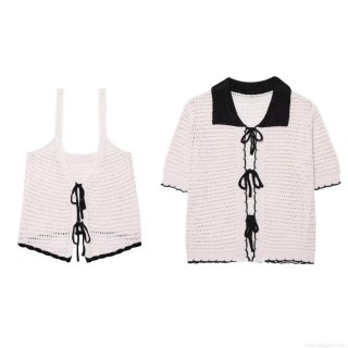 Women's 2-Piece Knit Top Set Crochet Hollow Out Short Sleeve Cardigan And Cami Vest With Bow Tie Front Contrast Trim Streetwear Chic Casual Summer Outfits
