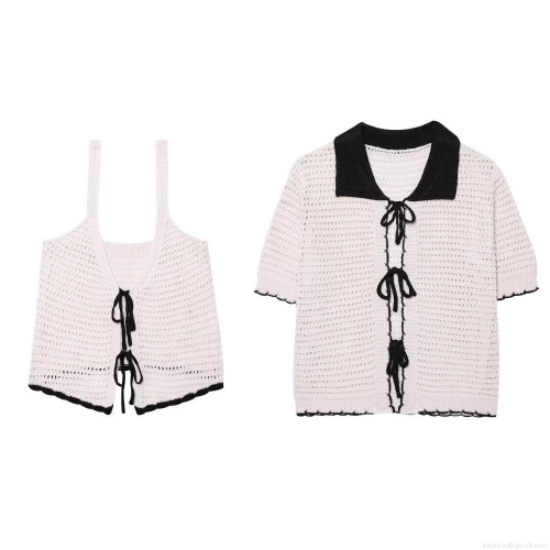 Women's 2-Piece Knit Top Set Crochet Hollow Out Short Sleeve Cardigan And Cami Vest With Bow Tie Front Contrast Trim Streetwear Chic Casual Summer Outfits