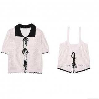Women's 2-Piece Knit Set Contrast Color Hollow Out Short Sleeve Cardigan And Camisole Top With Bow Ties Sexy Streetwear Crochet Outfits For Summer