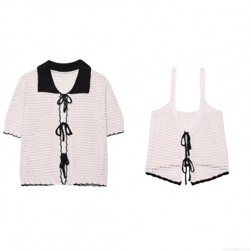 Women's 2-Piece Knit Set Contrast Color Hollow Out Short Sleeve Cardigan And Camisole Top With Bow Ties Sexy Streetwear Crochet Outfits For Summer