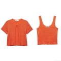 Women Sequin Knitted Two Piece Set Polyester Short Sleeve Cardigan Or Cami Top Orange Sparkly Summer Casual Outfits