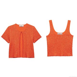 Women Sequin Knitted Two Piece Set Polyester Short Sleeve Cardigan Or Cami Top Orange Sparkly Summer Casual Outfits