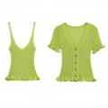 Women's 2 Piece Knitted Set Lime Green Hollow Mesh V Neck Camisole And Short Sleeve Ruffle Button Cardigan Streetwear Retro Outfits For Summer
