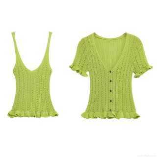 Women's 2 Piece Knitted Set Lime Green Hollow Mesh V Neck Camisole And Short Sleeve Ruffle Button Cardigan Streetwear Retro Outfits For Summer