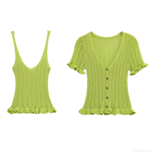 Women's 2 Piece Knitted Set Lime Green Hollow Mesh V Neck Camisole And Short Sleeve Ruffle Button Cardigan Streetwear Retro Outfits For Summer