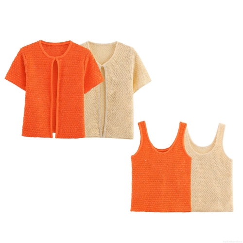 Women's Knitted Two Piece Set Sparkling Sequin Mesh Cutout Short Sleeve Cardigan And Round Neck Vest Tops For Autumn Streetwear Fashion