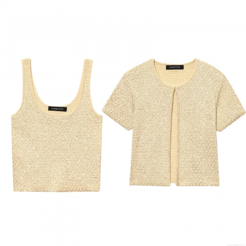 Women's 2-Piece Knit Set Sequin Sparkling Camisole Tank Top And Round Neck Short Sleeve Cardigan Outfits Set Champagne Gold Streetwear Fashion For Women Party Event
