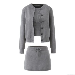 Women's 3 Piece Ribbed Knit Set 100% Acrylic Round Neck Cardigan Tank Top And Culottes Mini Skirt Streetwear Casual European Style Autumn Winter Outfit