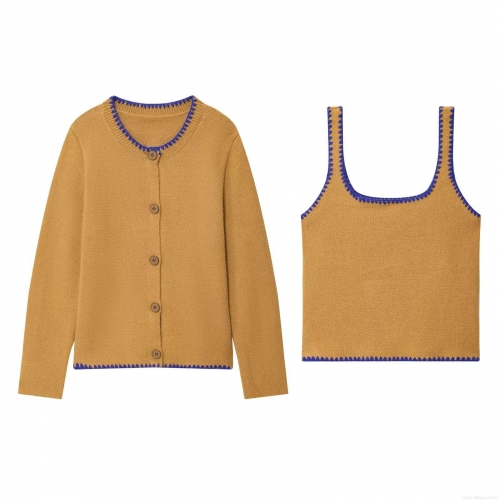 Women's 2-Piece Knit Sweater Set Contrast Color Wave Embroidery Long Sleeve Cardigan And Camisole Vest Streetwear Autumn Fashion Ginger Camel