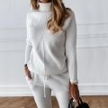 Women's Casual High Neck Knit Sweater Set Long Sleeve Solid Color Slim Fit Pullover Top and Matching Jogger Pants 2 Piece Lounge Tracksuit