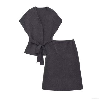Women's Two Piece Knit Set Elegant V Neck Sleeveless Belted Vest Top And Solid Color A-Line Midi Skirt Polyester Spandex Blend Warm Winter Autumn Outfits For Women