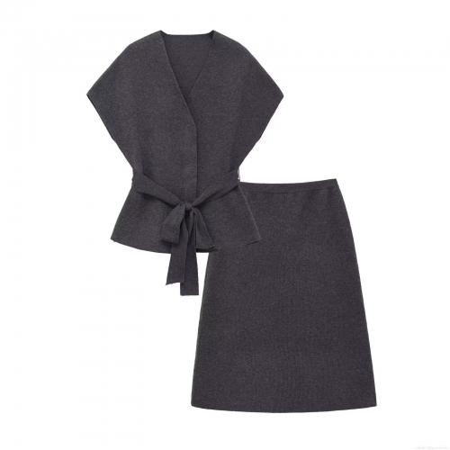 Women's Two Piece Knit Set Elegant V Neck Sleeveless Belted Vest Top And Solid Color A-Line Midi Skirt Polyester Spandex Blend Warm Winter Autumn Outfits For Women