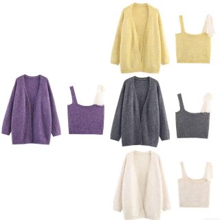 Women's 2-Piece Knit Sweater Set Plush Long Sleeve Cardigan And Asymmetrical Lace Strap Bow Camisole Top Loose Casual Fall Winter Outfits