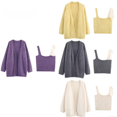 Women's 2-Piece Knit Sweater Set Plush Long Sleeve Cardigan And Asymmetrical Lace Strap Bow Camisole Top Loose Casual Fall Winter Outfits