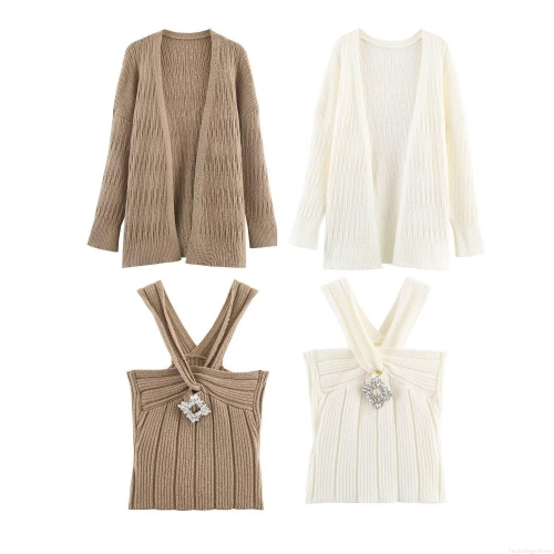Women's 2-Piece Knitwear Set 100% Polyester Long Sleeve Open Front Cardigan And Halter Tank Top With Rhinestone Buckle Casual Loose Lazy Style Autumn Winter Outfits