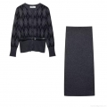 Women's Argyle Knit Two Piece Set Elegant Button Down Cardigan With Belt And Straight Maxi Skirt Long Sleeve Sweater Suit For Autumn Winter Streetwear