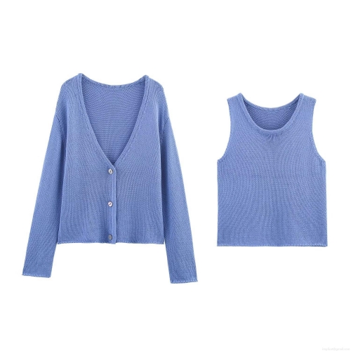 Women's 2-Piece Knitted Sweater Set Lilac Blue V-Neck Long Sleeve Button Cardigan With Round Neck Sleeveless Vest Casual Soft Comfortable Street Style Outfit For Women