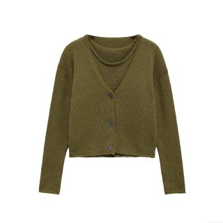 Women's Casual Knit Two Piece Set Polyester Solid Olive Green V-Neck Cardigan And Sleeveless Vest Streetwear Outfits For Daily Wear