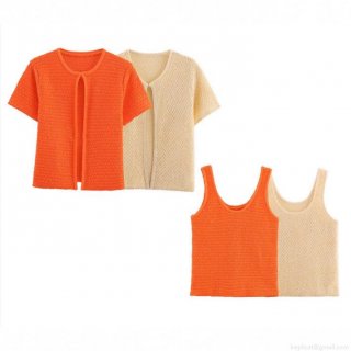 Women's Hollow Out Sequin Knit Set Short Sleeve Cardigan And Round Neck Tank Top Two Piece Solid Color Casual Polyester Knit Sweater Set For Women