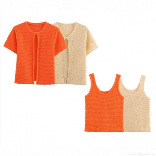 Women's Hollow Out Sequin Knit Set Short Sleeve Cardigan And Round Neck Tank Top Two Piece Solid Color Casual Polyester Knit Sweater Set For Women