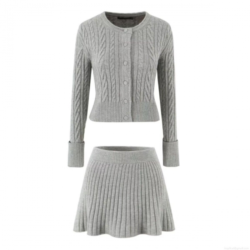 Women's Cable Knit Cardigan And Pleated Mini Skirt Two Piece Set Casual Long Sleeve Mixed Fabric Sweater Set For Women Streetwear