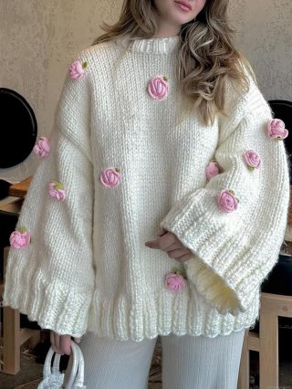 Women Elegant 100% Polyester Chunky Knit Sweater Loose Pullover With 3D Pink Rose Floral Decor Autumn Winter Mock Neck Warm Tops