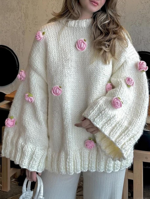 Women Elegant 100% Polyester Chunky Knit Sweater Loose Pullover With 3D Pink Rose Floral Decor Autumn Winter Mock Neck Warm Tops