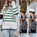 Women's Striped Turtleneck Sweater Loose Knit Pullover Long Sleeve Drop Shoulder Jumper Casual Winter Tops