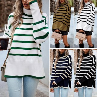Women's Striped Turtleneck Sweater Loose Knit Pullover Long Sleeve Drop Shoulder Jumper Casual Winter Tops