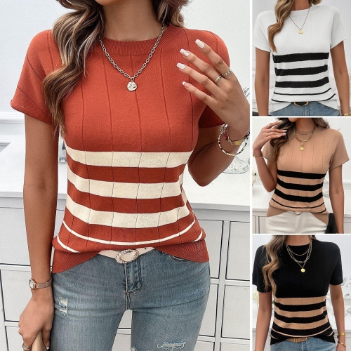 Women Elegant Striped Short Sleeve Knit Sweater 100% Viscose Round Neck Slim Fit Pullover Top for Office Daily Casual Wear