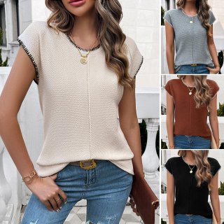 Women's Knit Short Sleeve Top Contrast Overlock Stitching Viscose Blend Round Neck Loose Pullover Elegant Summer Sweater Daily Casual Top