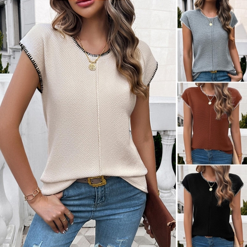 Women's Knit Short Sleeve Top Contrast Overlock Stitching Viscose Blend Round Neck Loose Pullover Elegant Summer Sweater Daily Casual Top