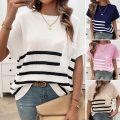 Women's Casual Round Neck Striped Short Sleeve Knit Top With Pocket Contrast Color 100% Polyester Loose Fit Soft Sweater For Office Daily Wear