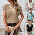 Women's Casual Sleeveless V-Neck Cable Knit Sweater Vest Loose Fit Contrast Stripe Trim Pullover Knitted Tank Top For Autumn Winter Streetwear
