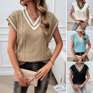 Women's Casual Sleeveless V-Neck Cable Knit Sweater Vest Loose Fit Contrast Stripe Trim Pullover Knitted Tank Top For Autumn Winter Streetwear