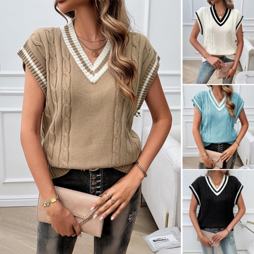 Women's Casual Sleeveless V-Neck Cable Knit Sweater Vest Loose Fit Contrast Stripe Trim Pullover Knitted Tank Top For Autumn Winter Streetwear